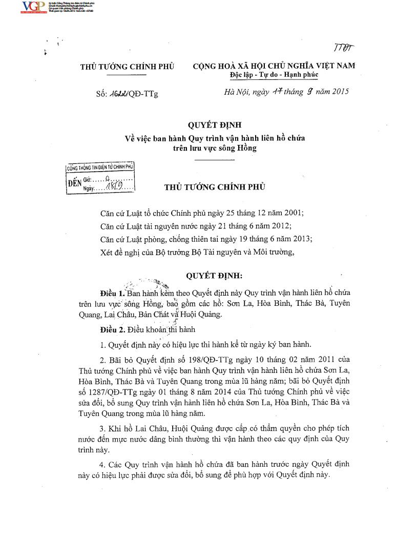 Quyết định số 1622/QĐ-TTg của Thủ tướng Chính phủ : Về việc ban hành Quy trình vận hành liên hồ chứa trên lưu vực sông Hồng
