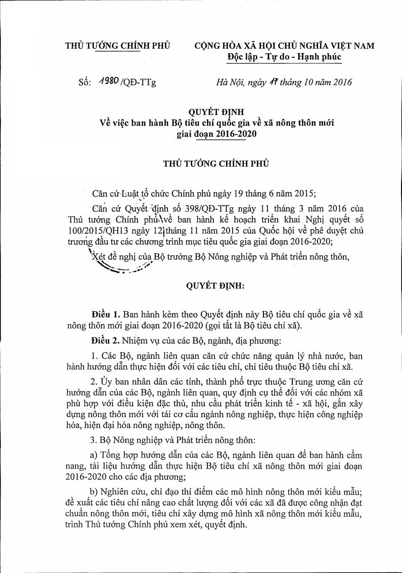 Quyết định số 1980/QĐ-TTg Về việc ban hành bộ tiêu chí quốc gia về xã nông thôn mới giai đoạn 2016-2020