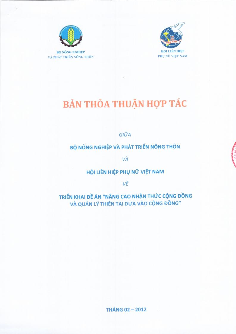 Bản thỏa thuận hợp tác giữa Bộ Nông nghiệp và Phát triển Nông thôn và Hội liên hiệp Phụ nữ Việt Nam về triển khai đề án "Nâng cao nhận thức cộng đồng và quản lý thiên tai dựa vào cộng đồng