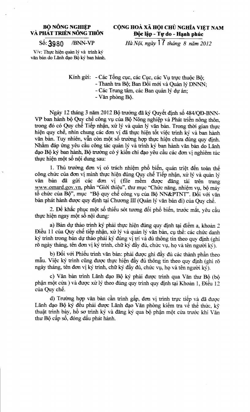 Công văn số 3980/BNN-VP ngày 17/8/2012 về Thực hiện quản lý và trình ký văn bản do Lãnh đạo Bộ ký ban hành