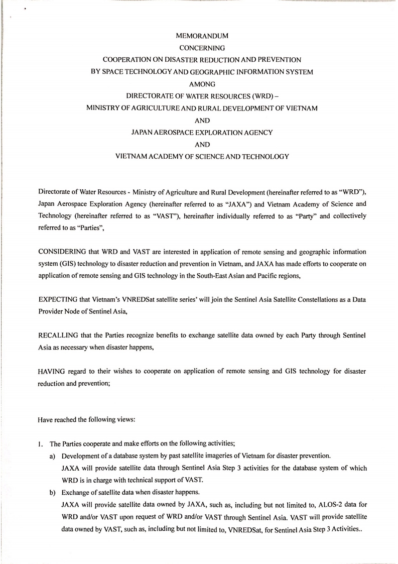 Bản ghi nhớ (MoU) giữa Tổng cục Thủy lợi - Cơ quan hàng không vũ trụ Nhật Bản và Viện hàn lâm Khoa học và Công nghệ Việt Nam