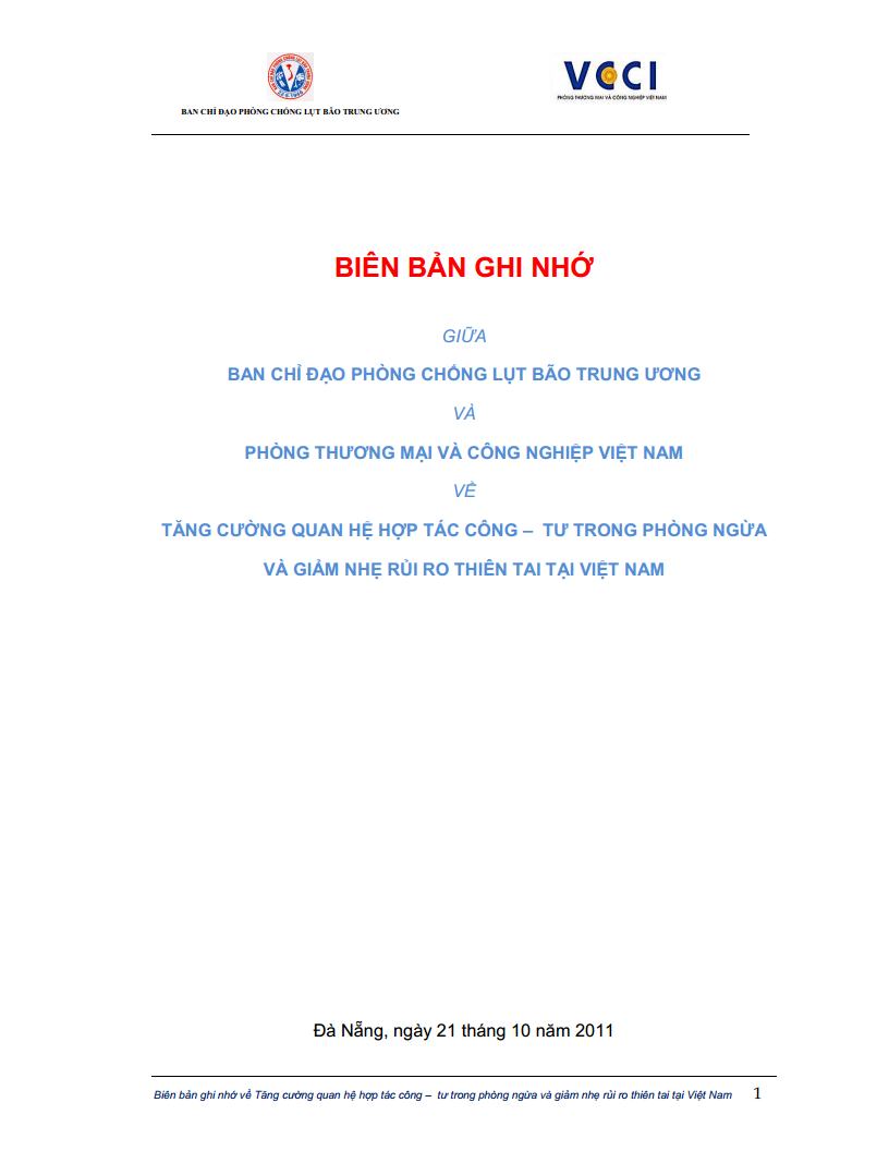 Biên bản ghi nhớ về tăng cường quan hệ hợp tác công - tư trong phòng ngừa và GNRR thiên tai tại Việt Nam