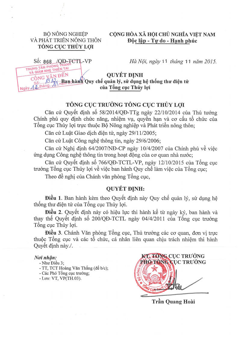 Quyết định số 868/QĐ-TCTL-VP ngày 11/11/2015 về Ban hành Quy chế quản lý, sử dụng hệ thống thư điện tử của Tổng cục Thủy lợi