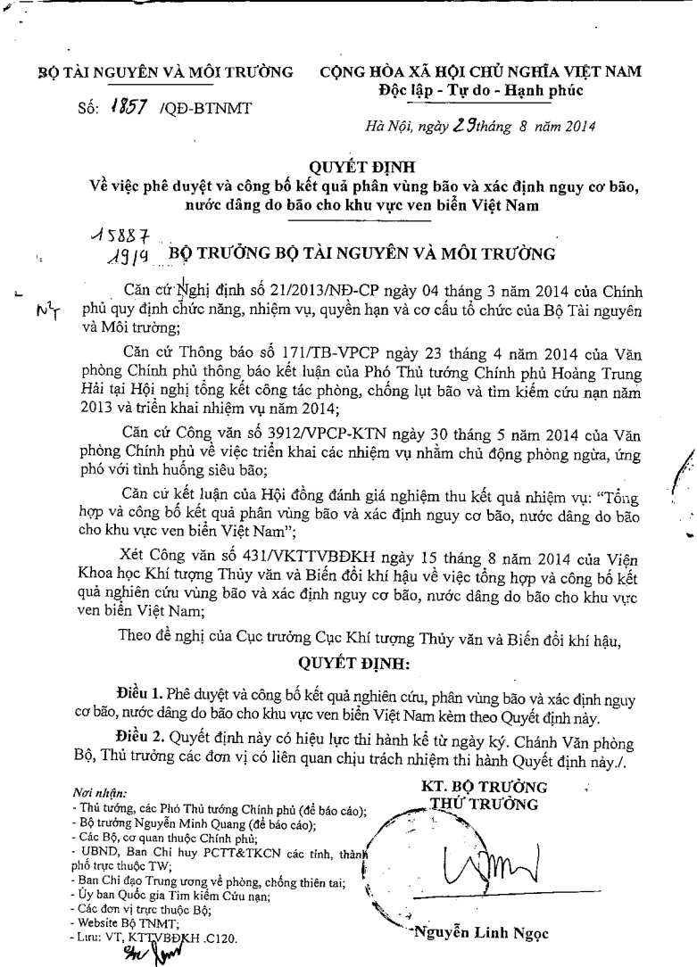 Quyết định số 1857/QĐ-BTNMT ngày 29/8/2014 về việc phê duyệt và công bố kết quả phân tích vùng bão và xác định nguy cơ bão, nước dâng do bão cho khu vực ven biển Việt Nam