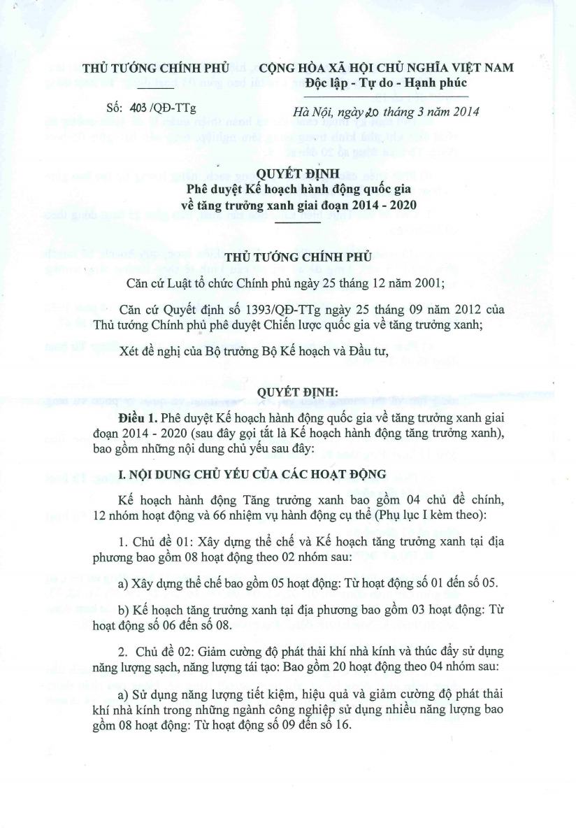 Quyết định số 403/QĐ-TTg ngày 20/3/2014 về phê duyệt kế hoạch hành động quốc gia về tăng trưởng xanh giai đoạn 2014 -2020