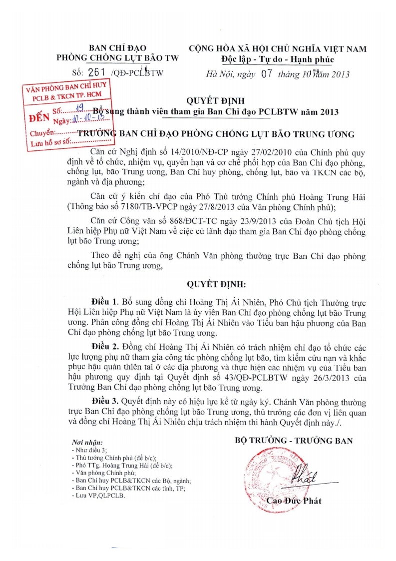 Quyết định số 261/QĐ-PCLBTW ngày 7/10/2013 về việc Bổ sung thành viên tham gia Ban chỉ đạo PCLB năm 2013