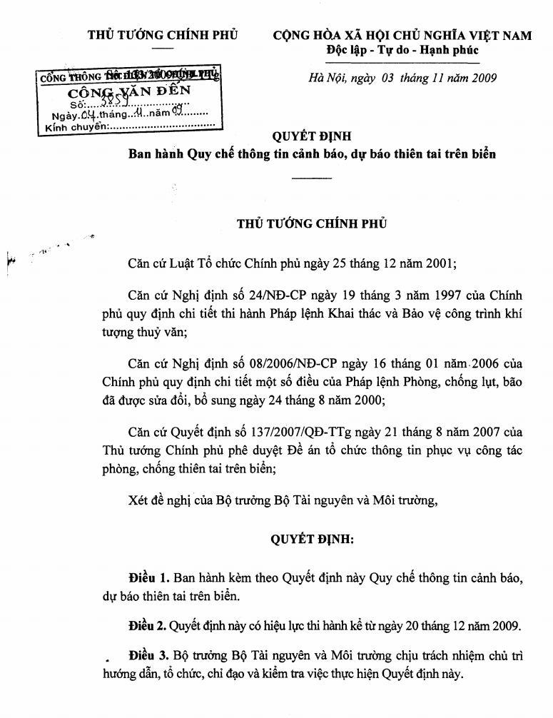 Quyết định số 133/QĐ-TTg ngày 3/11/2009 về Ban hành Quy chế thông tin cảnh báo, dự báo thiên tai trên biển