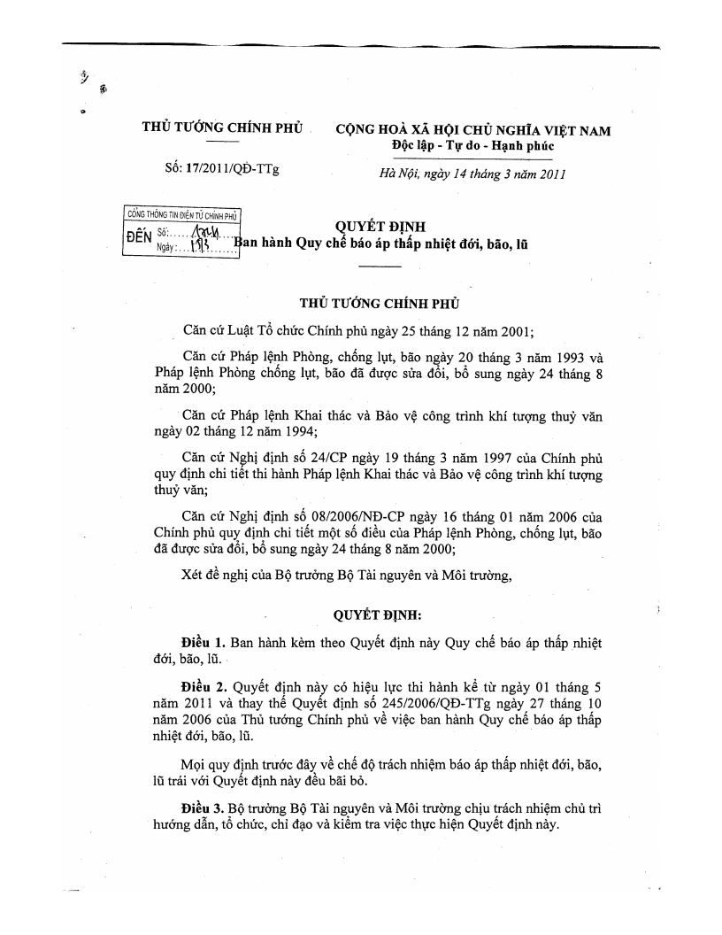 Quyết định số 17/2011/QĐ-TTg ngày 14/3/2011 về Ban hành Quy chế báo áp thấp nhiệt đới, bão, lũ