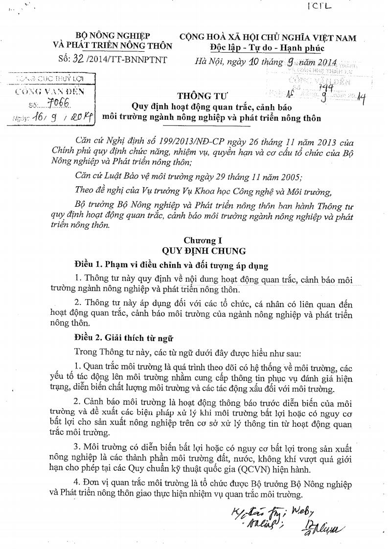 Thông tư số 32/2014-TT-BNNPTNT ngày 10/9/2014 về Quy định hoạt động quan trắc, cảnh báo môi trường ngành nông nghiệp và phát triển nông thôn
