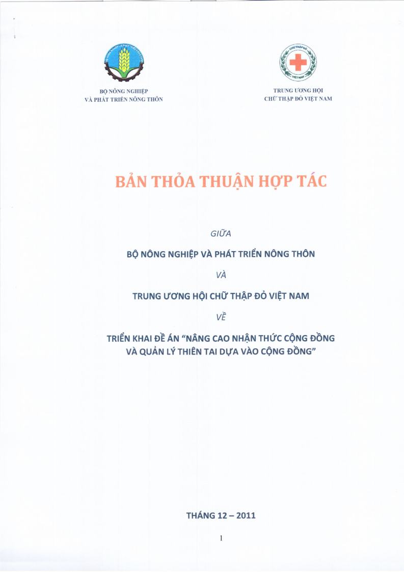 Bản thỏa thuận hợp tác giữa Bộ NN&PTNT và TƯ Hội Chữ thập đỏ VN về triển khai đề án 'Nâng cao nhận thức cộng đồng và quản lý thiên tai dựa vào cộng đồng".