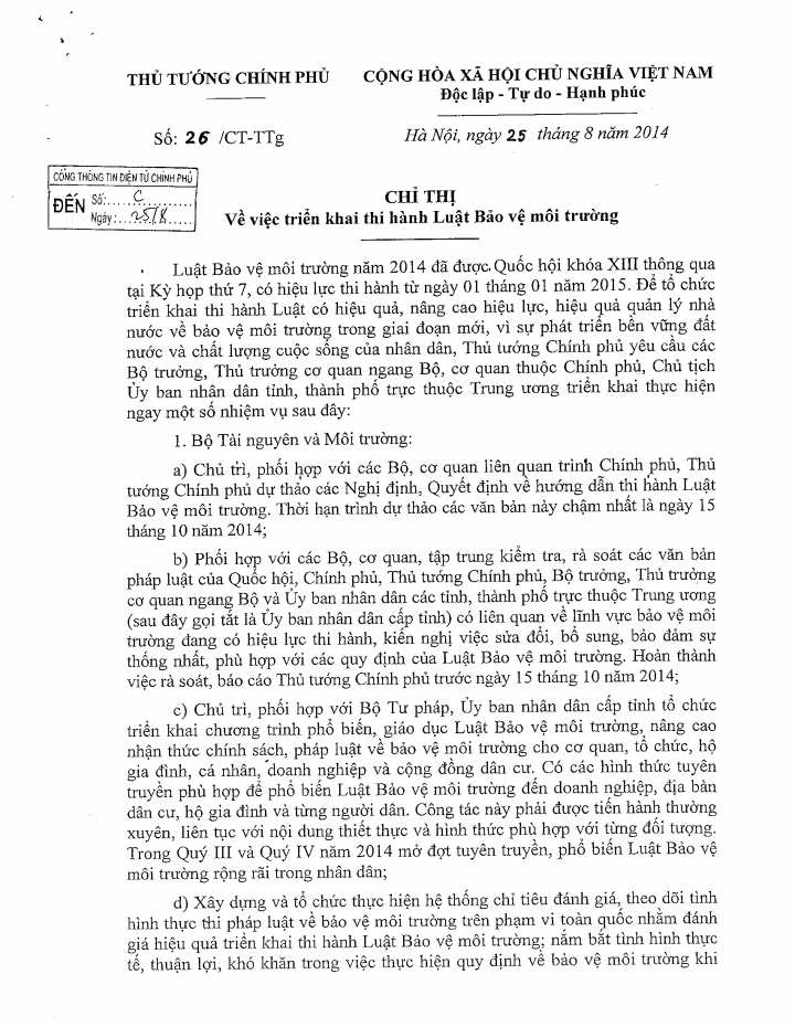 Chỉ thị số 26/CT-TTg ngày 25/8/2014 về Việc triển khai thi hành luật bảo vệ môi trường
